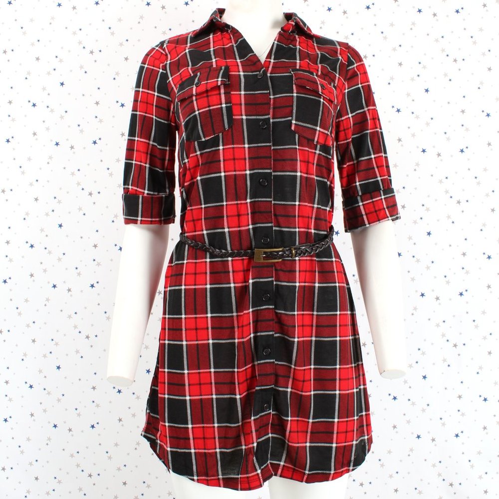 Half Sleeve Plaid Shirt Dress with Belt Red Black - Picture 1 of 8